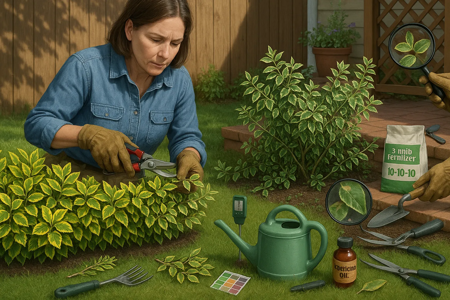 Gardener pruning Emerald 'n' Gold hedge with Emerald Gaiety runners being cut