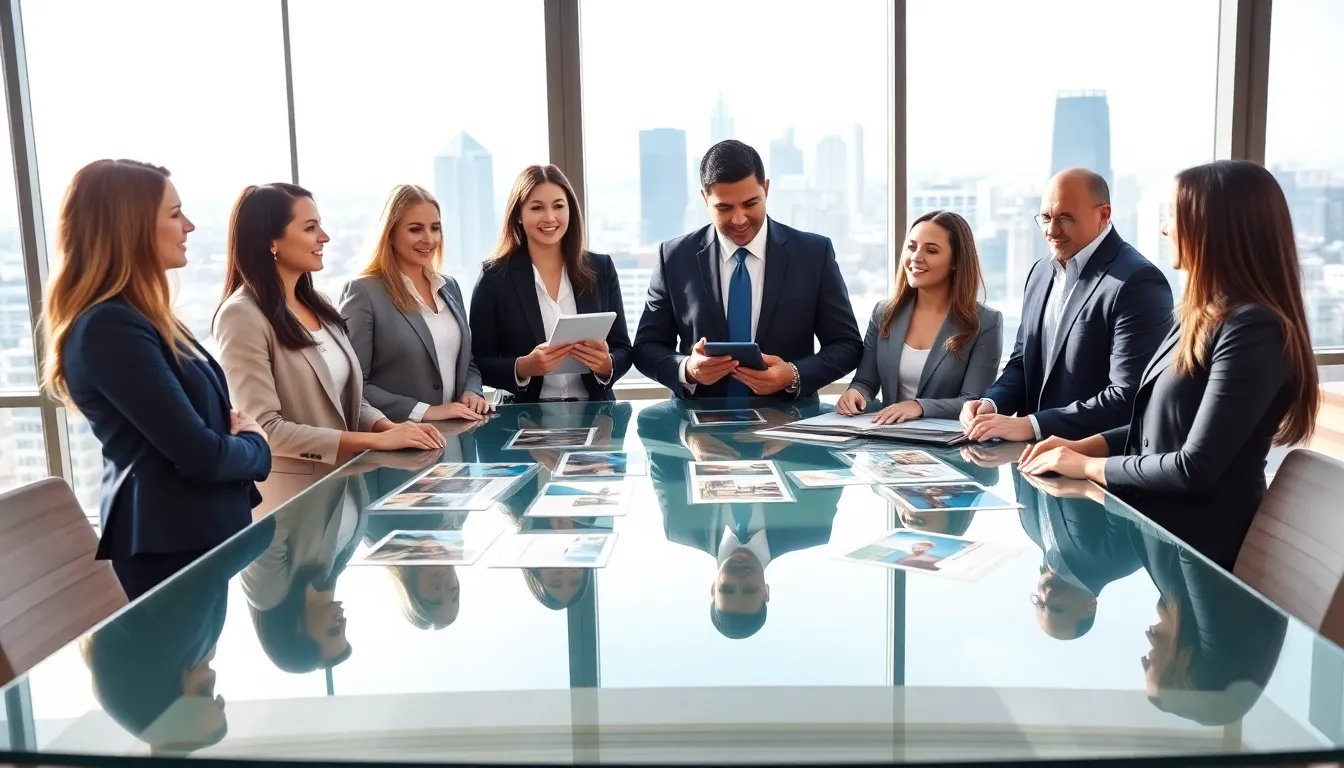 Diverse real estate team collaborating in a modern office.