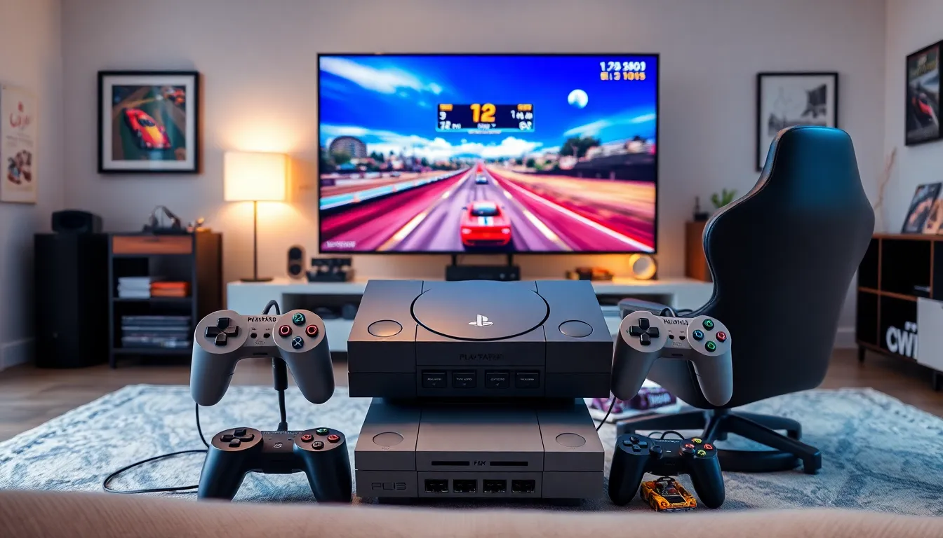 retro PlayStation 1 gaming setup with racing game on screen.