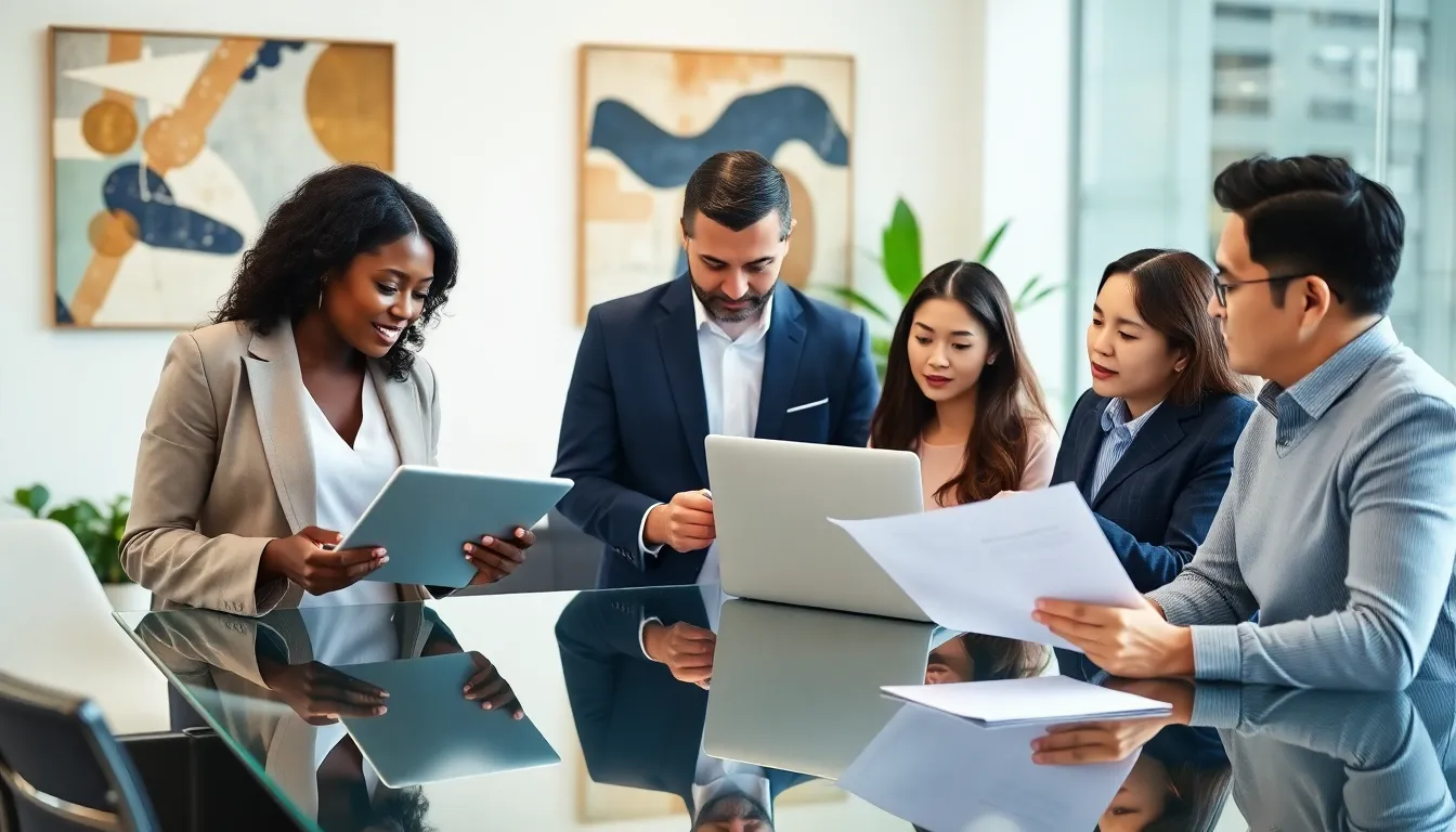 diverse professionals discussing credit scores in a modern office.