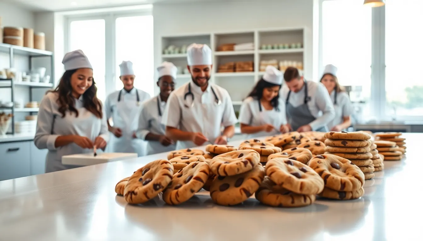 diverse bakers decorating cookies in a modern bakery.
