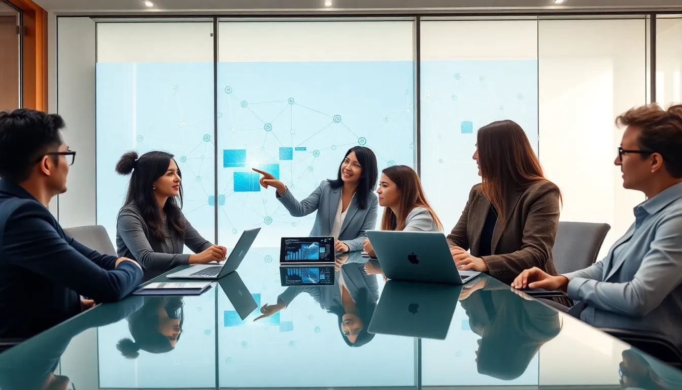 diverse team discussing blockchain technology in a modern office.
