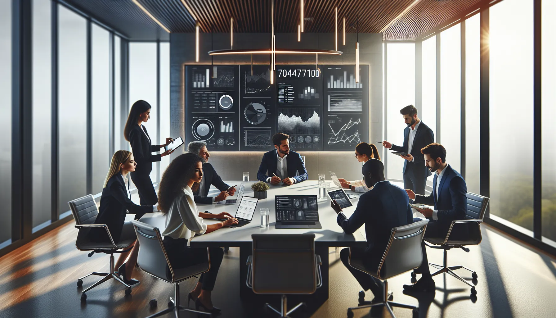 Diverse team discussing the significance of the number 7046876100 in a modern office.