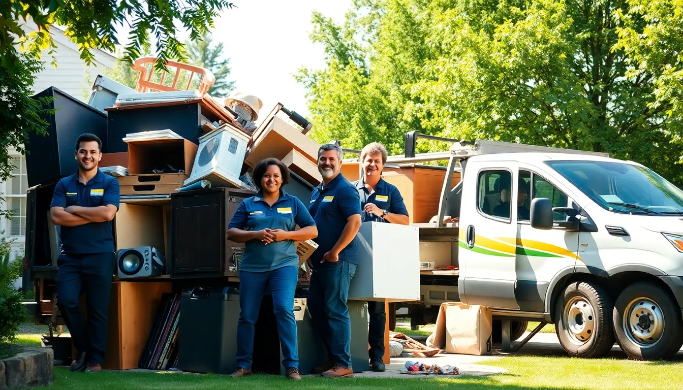 diverse team sorting junk in a clean backyard setting.