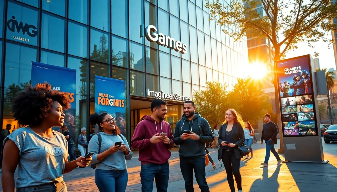 ImagineerGames headquarters with young adults discussing games outside.