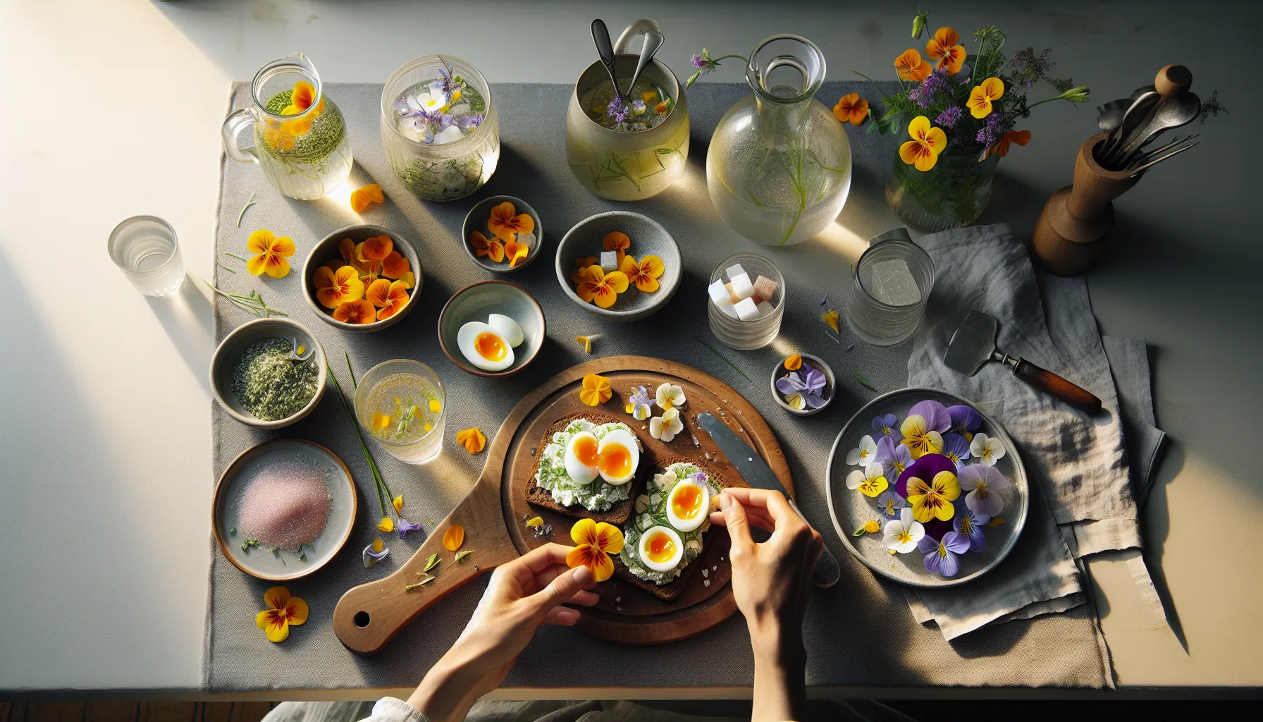 Rye smørbrød with nasturtium, surrounded by floral dishes in nordic morning light.