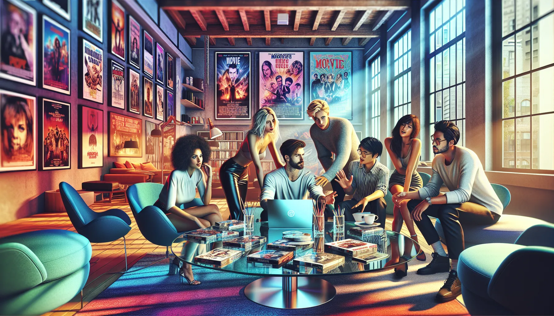 diverse group sharing movies in a modern community space.