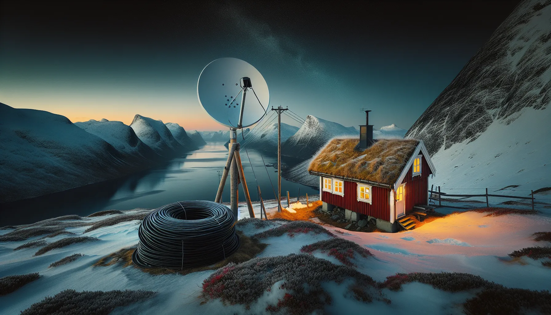 Hvordan satellitter muliggjør sanntidskommunikasjon i avsidesliggende områder 3 Remote norwegian cabin with satellite dish highlighting communication gaps in harsh terrain.