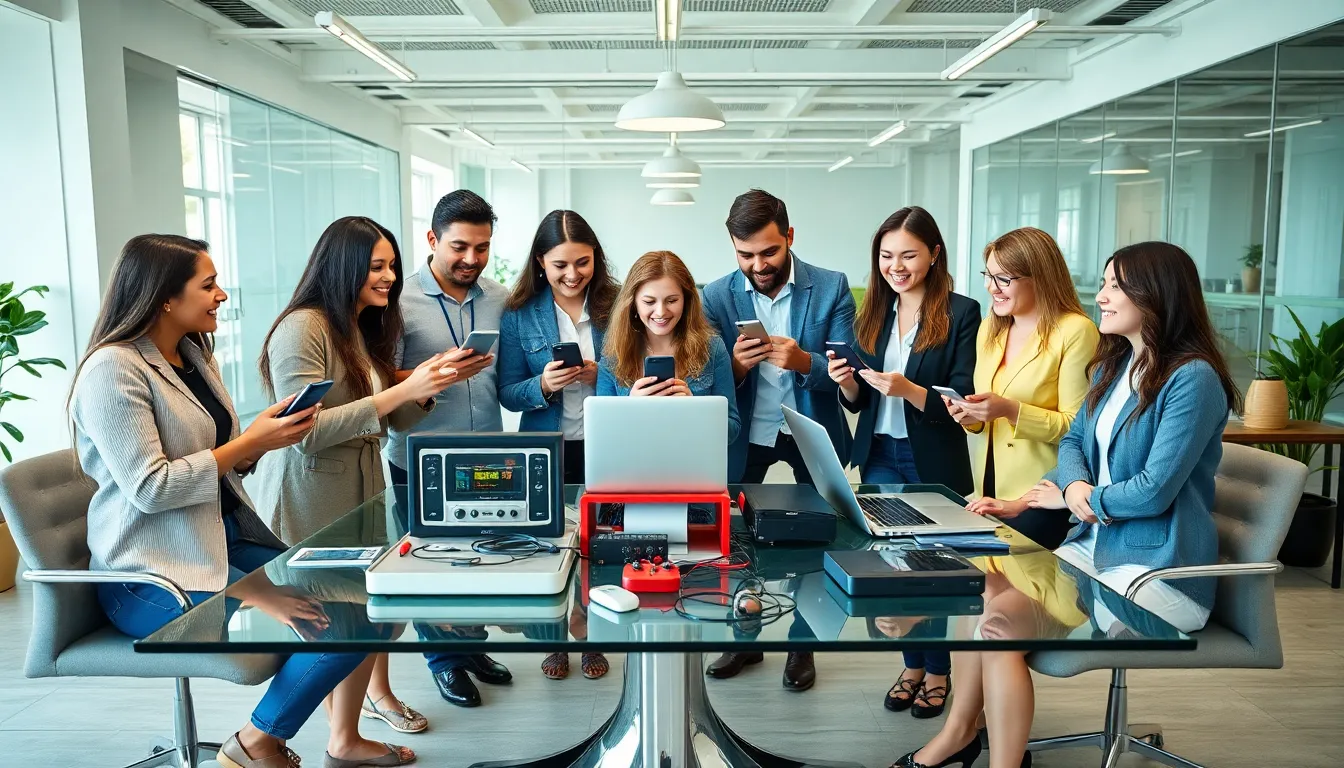 diverse team collaborating with retro and modern tech in an office setting.