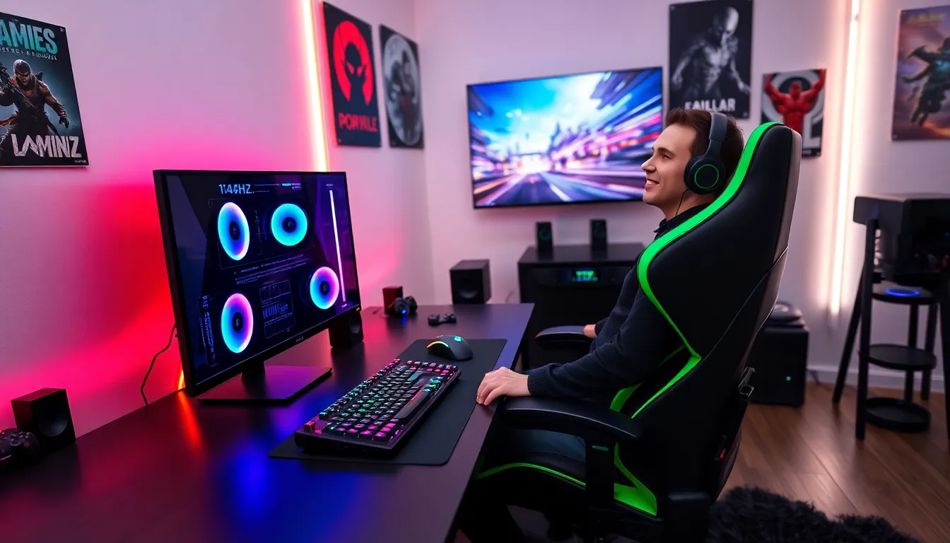 a stylish gaming setup with a PC, monitor, chair, and accessories.