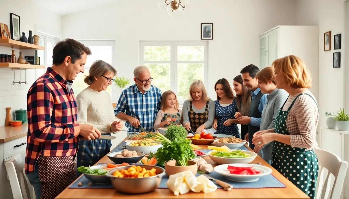 German-American family gathering in a modern kitchen.