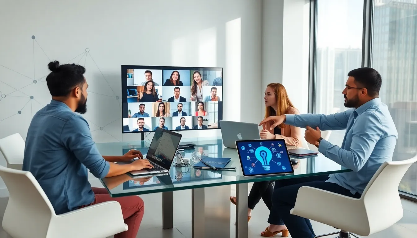 diverse professionals collaborating in a modern office on AI and communication technologies.