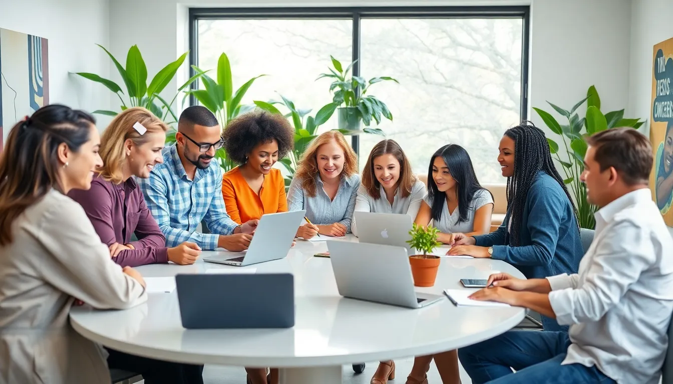 diverse group collaborating in a modern workspace, promoting community engagement.