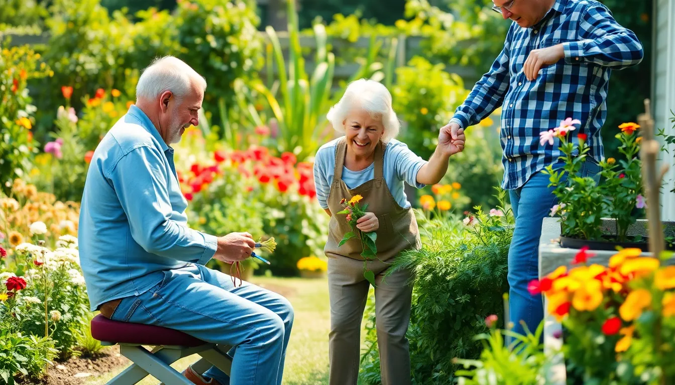 senior couple gardening with a comfortable stool in a vibrant garden.