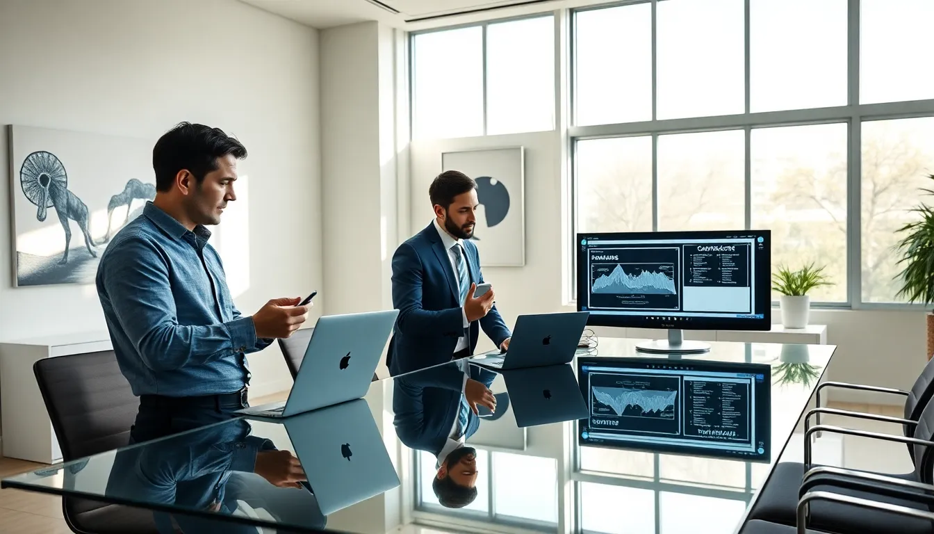 professionals discussing software updates in a modern office