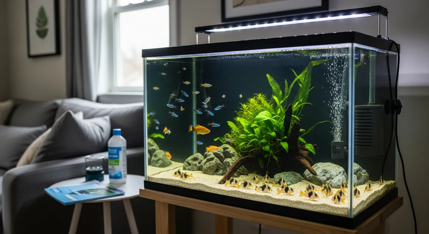 Beginner-friendly home aquarium with neon tetras, platies, and corydoras in a cozy room.