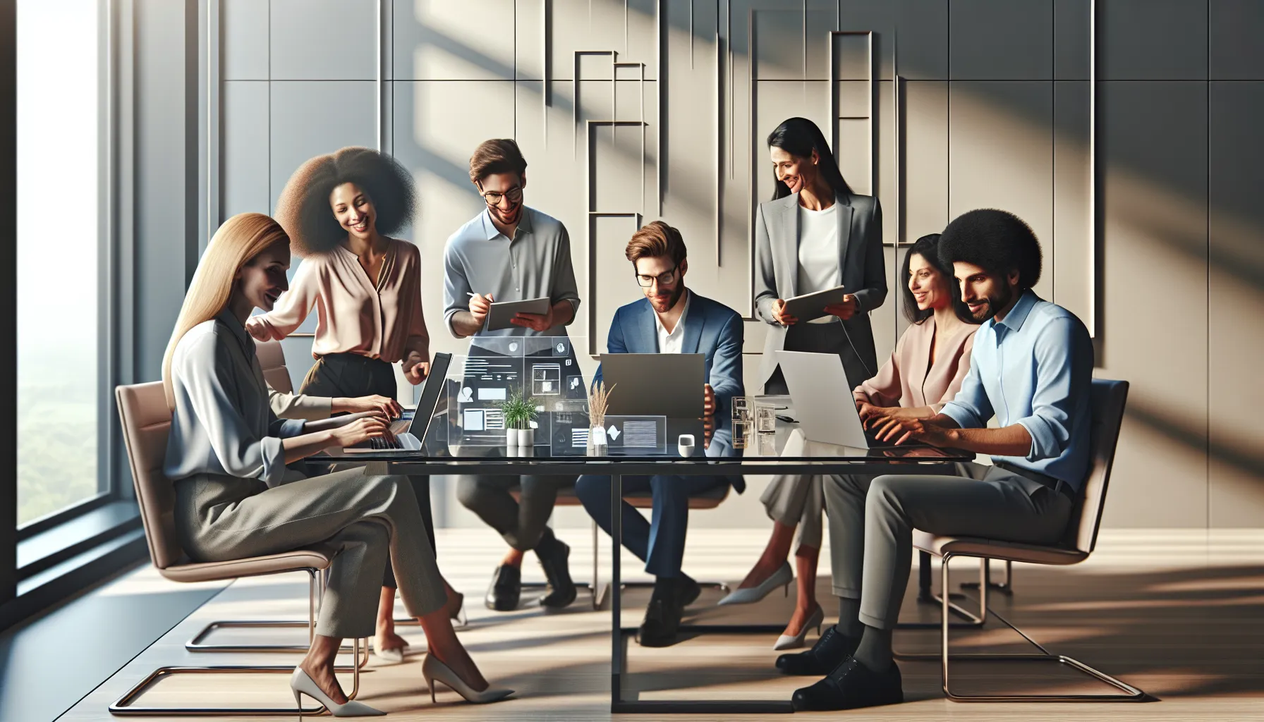 diverse team collaborating on digital content in a modern office.