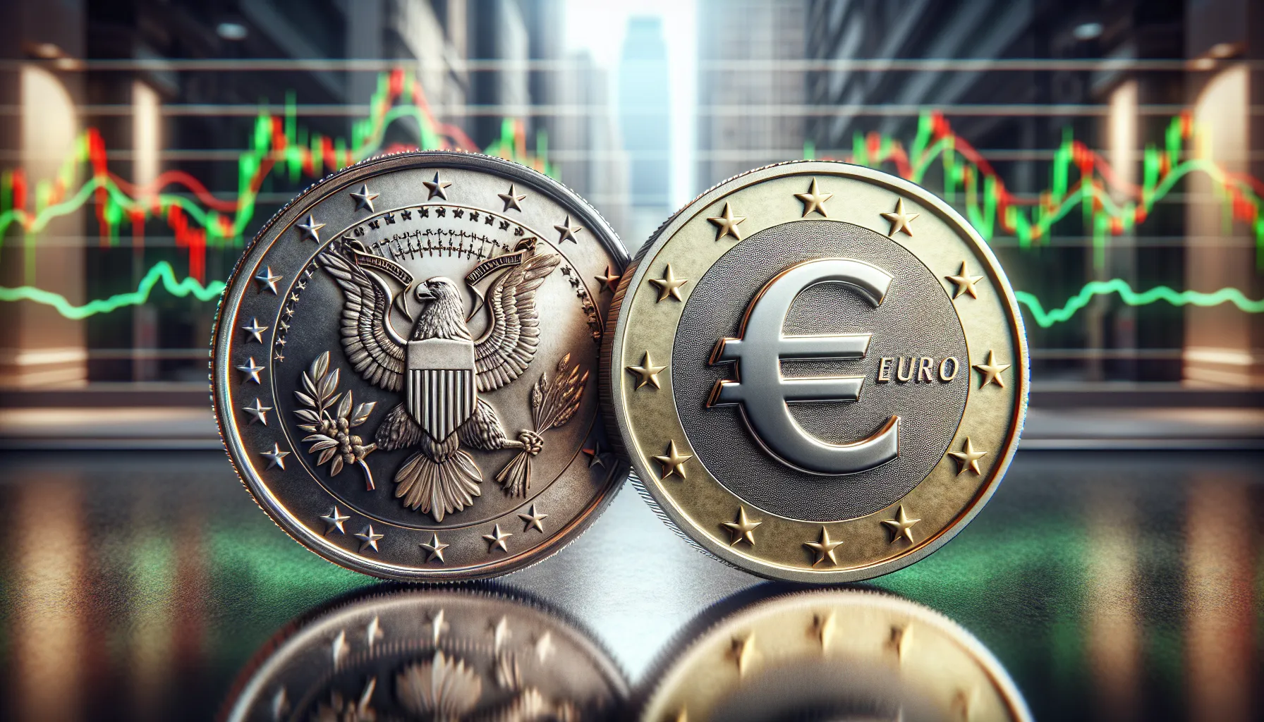 A depiction of a Dollar and Euro coin with a fluctuating exchange rate backdrop.