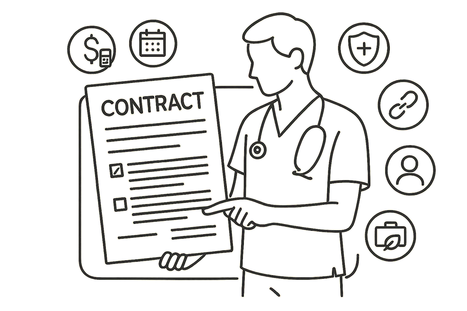 Physician assistant examining a contract with icons for key contract elements.