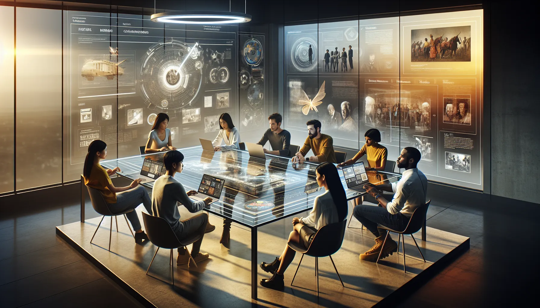 diverse professionals collaborating on digital preservation concepts in an office.