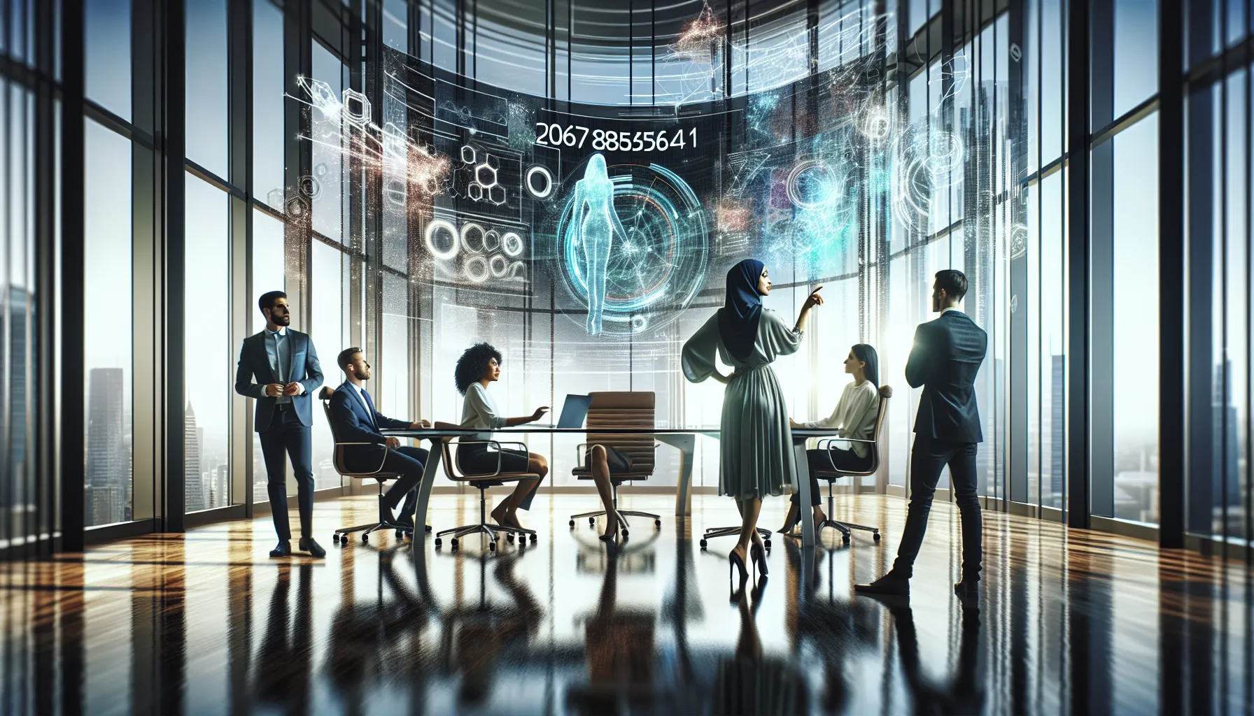 diverse team brainstorming in a modern office about future tech trends.