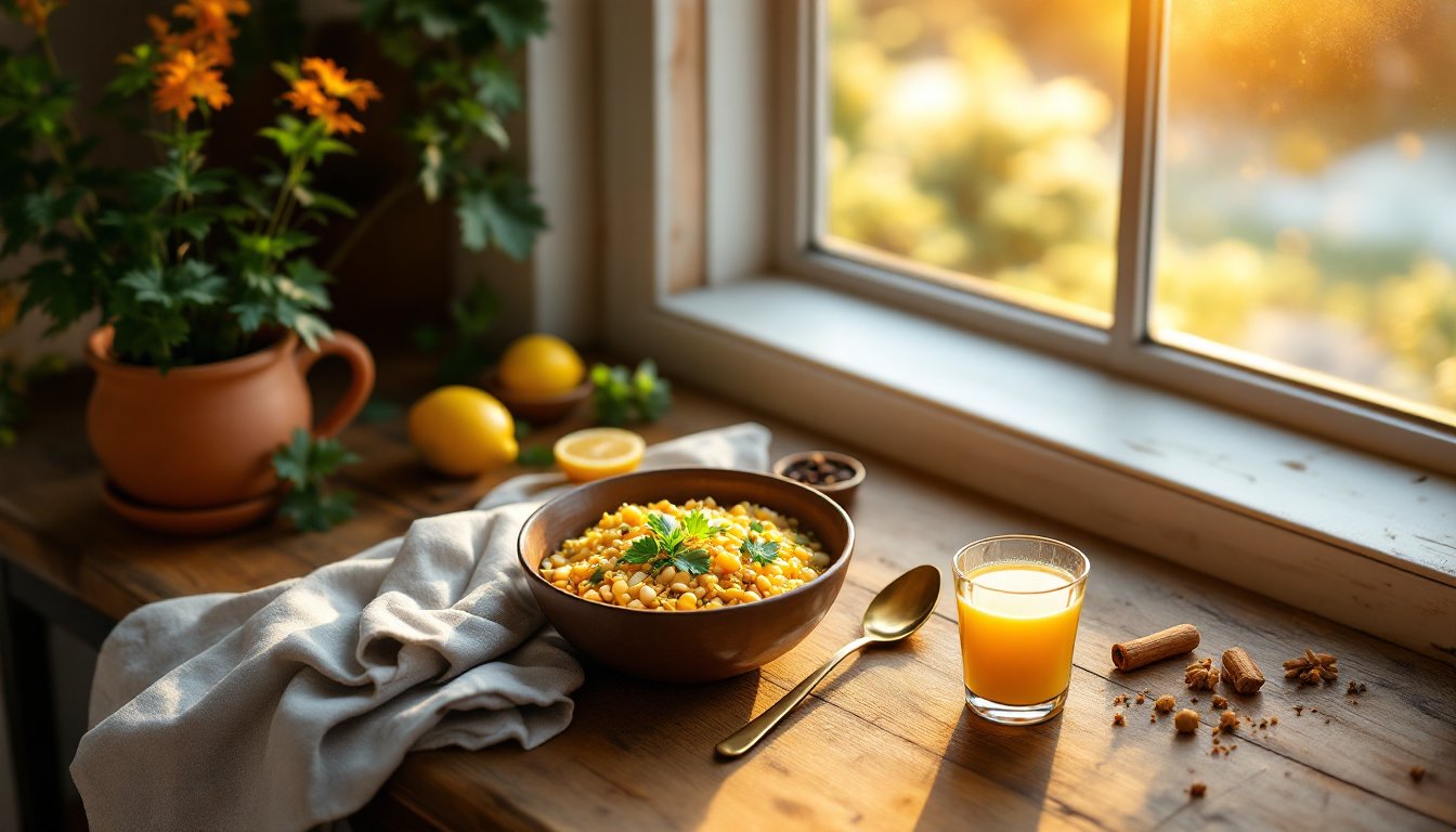 A warm bowl of turmeric khichdi and golden milk on a sunlit kitchen table at sunrise.