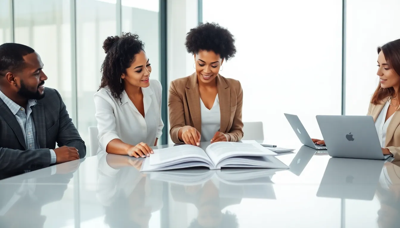 professionals discussing a style guide in a modern office setting.