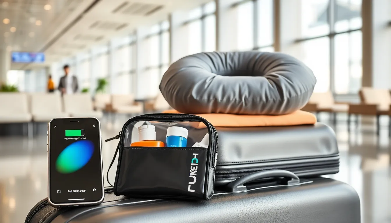 showcase of essential travel gadgets in a modern travel setting.