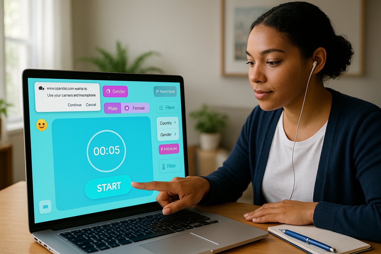 Person starting a ChatBlink video chat on laptop with brand-colored UI.