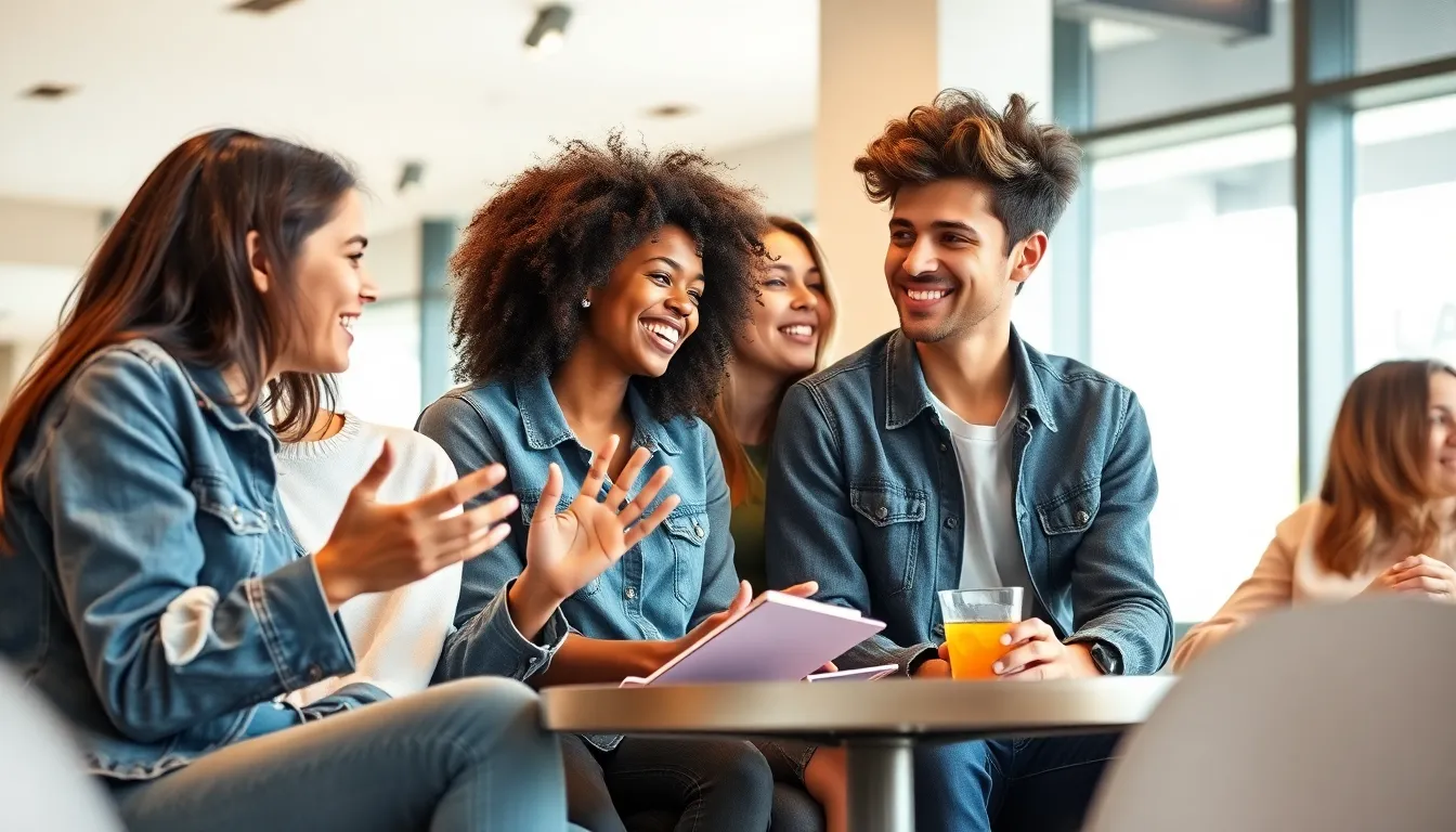 teenagers discussing relationships in a modern café setting.