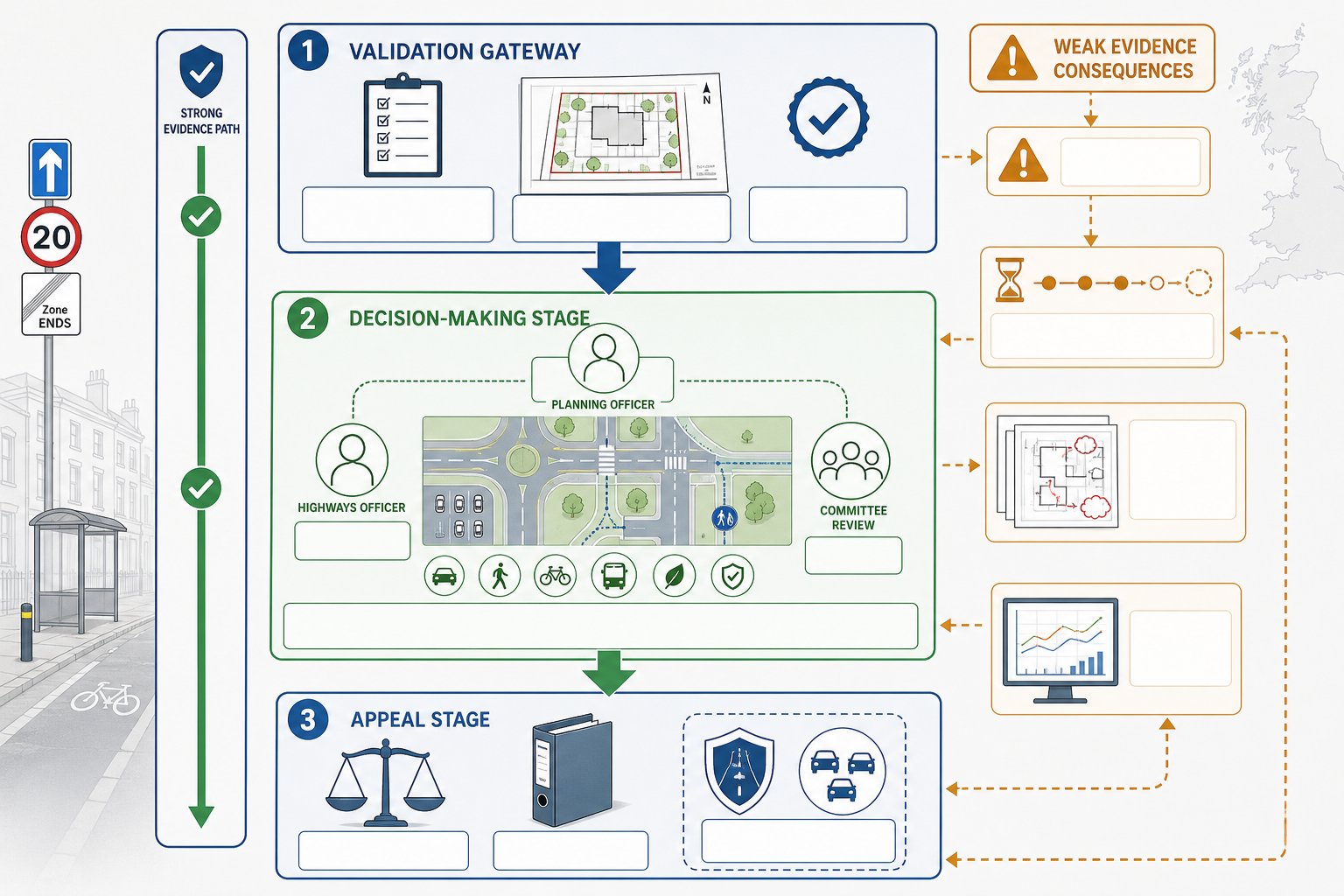 UK planning transport evidence infographic showing validation, decision-making, delays, and appeal stages.