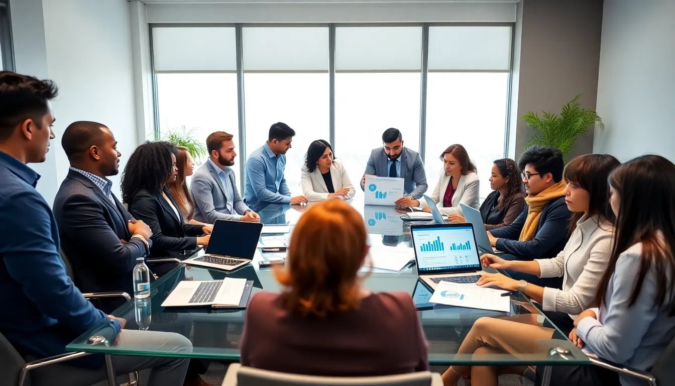 diverse professionals collaborating on Azure DevOps certifications in a modern office.