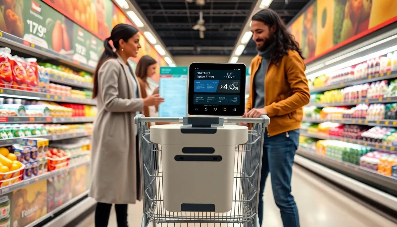 a smart shopping cart in a modern grocery store aisle.
