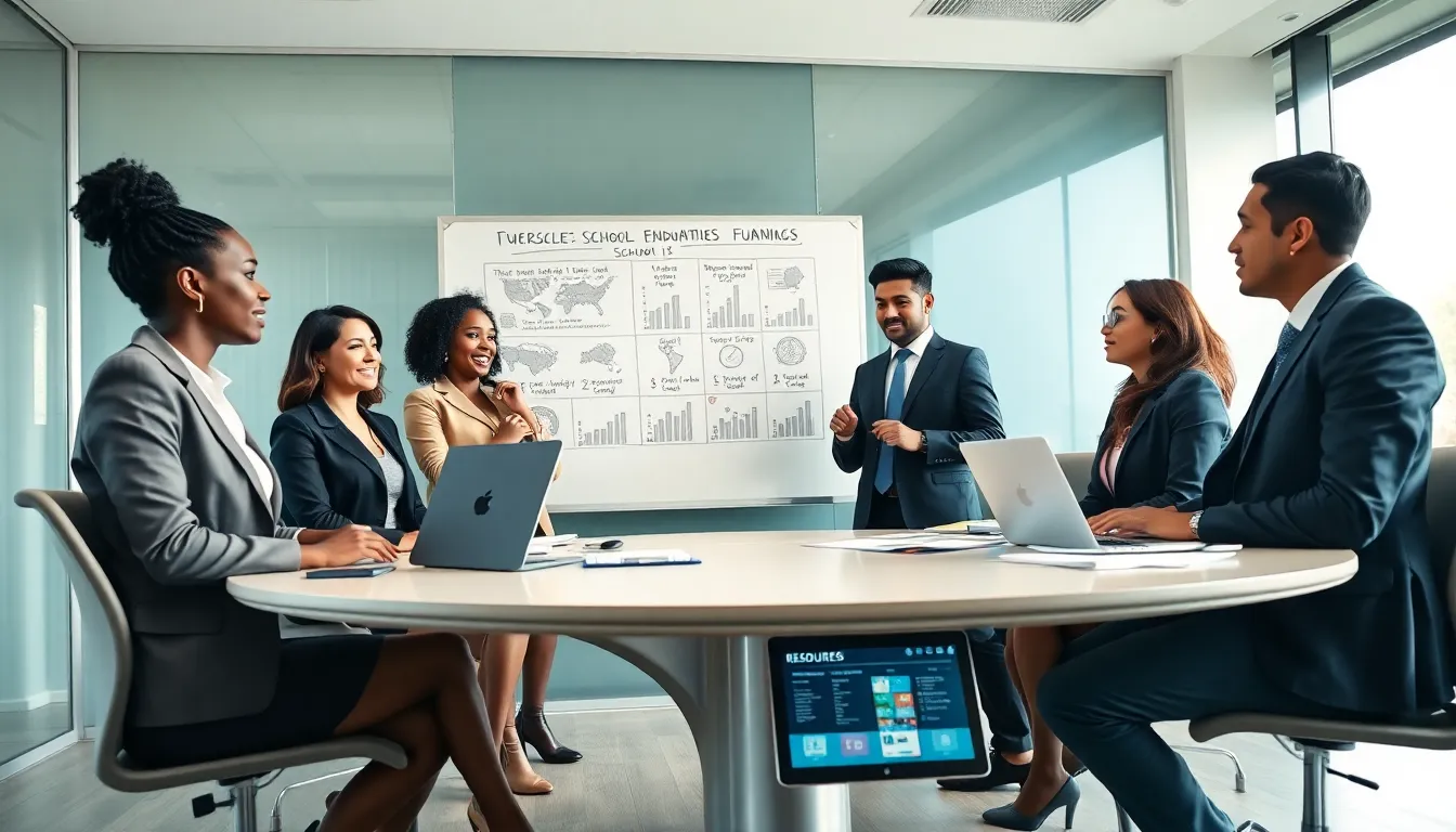 diverse educators discussing school funding disparities in a modern conference room.