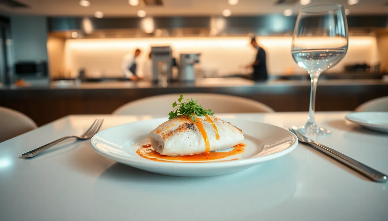 Plated Pacific hake dish in a modern restaurant setting.
