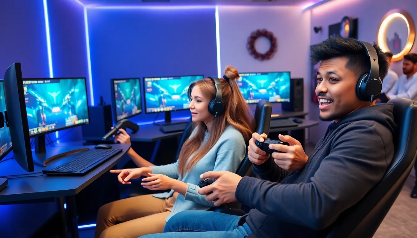 diverse gaming influencers in a modern studio setting.