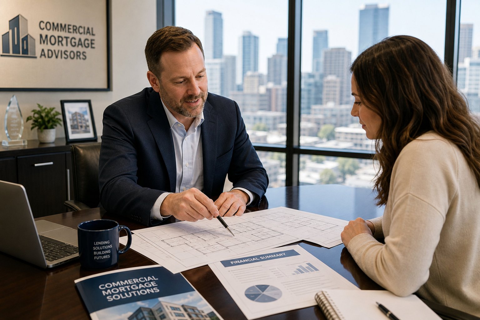 Commercial mortgage consultation in a modern office with property plans, financial documents, and a city skyline backdrop.