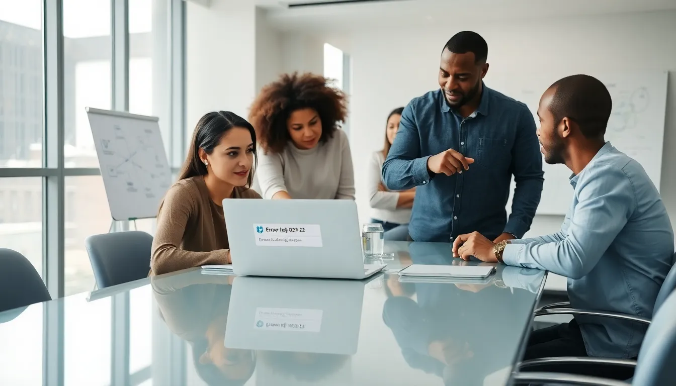 professionals collaborating on Dropbox error resolution in a modern office.