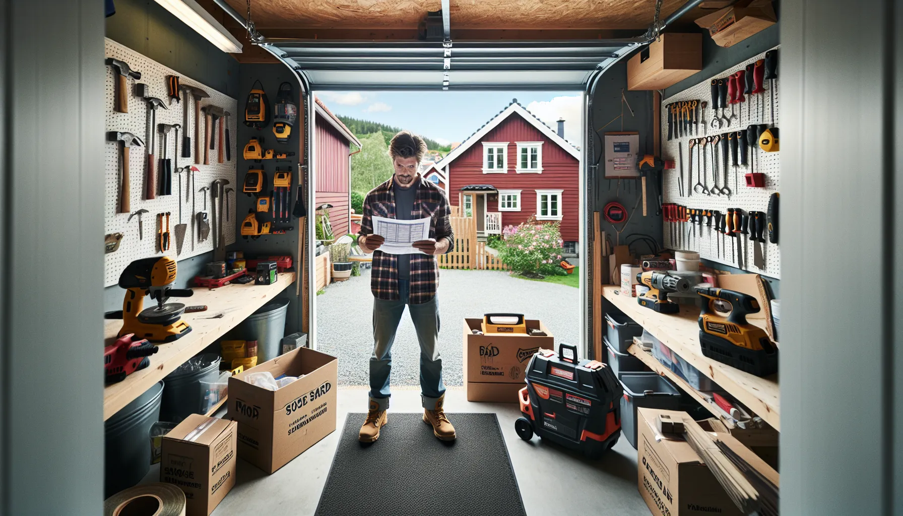 Norwegian man in tidy garage comparing owned basic tools with rented pro equipment.