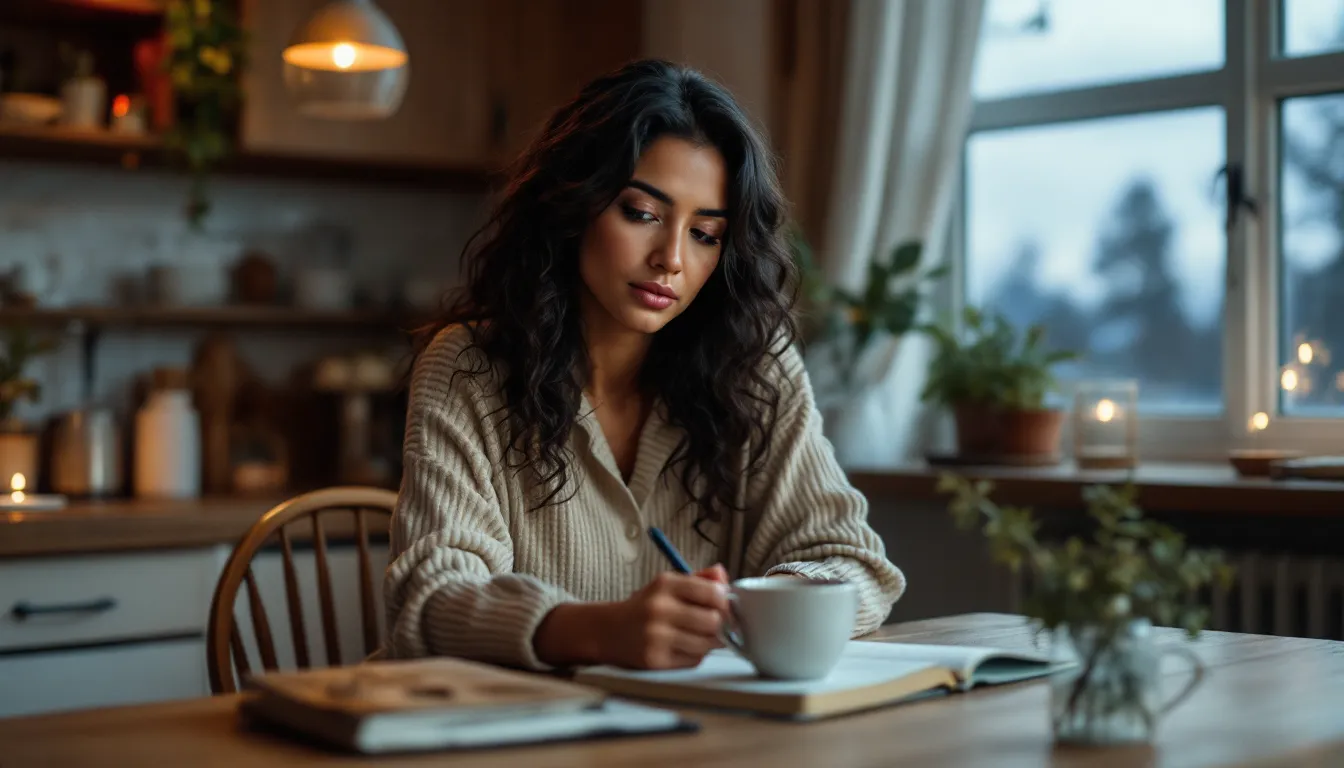A tired woman sitting at a dimly lit kitchen table lost in thought.