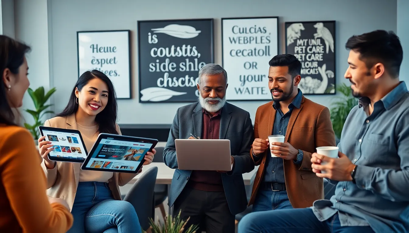 diverse professionals brainstorming side hustle ideas in a modern office.