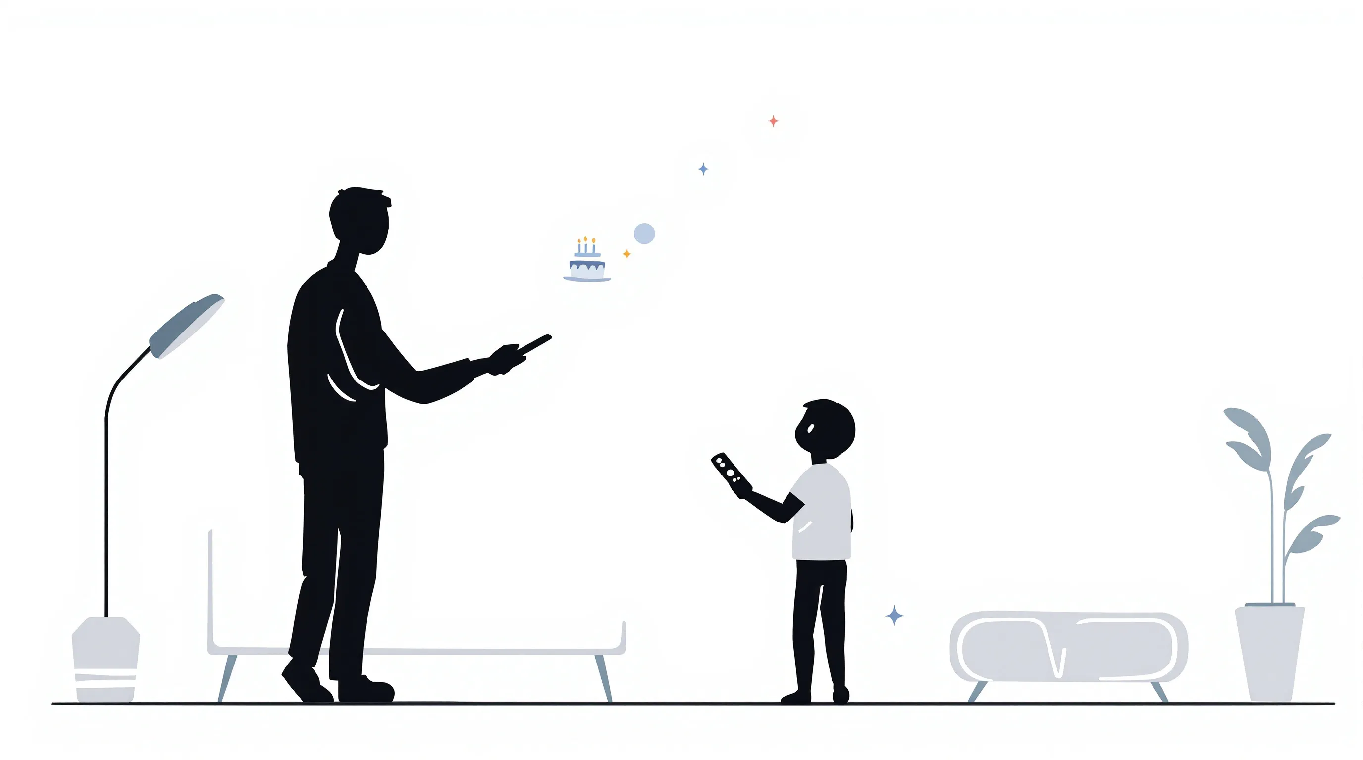 Minimalist silhouette of father holding TV remote with small birthday cake icon.