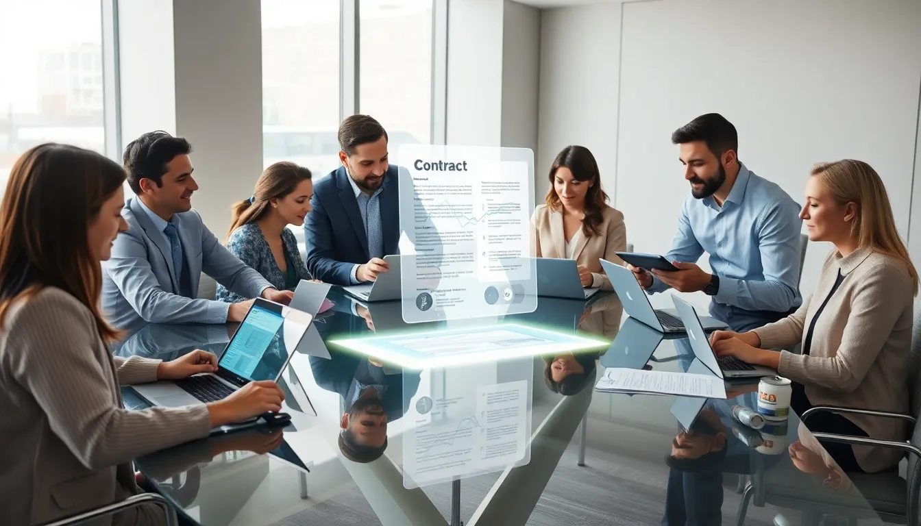 diverse team analyzing contracts with artificial intelligence tools.