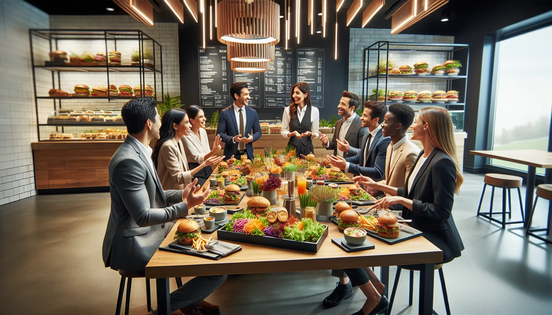diverse group discussing healthy Potbelly menu items in a modern restaurant.