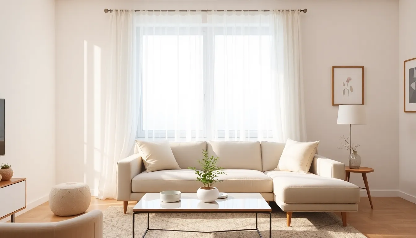 Stylish net curtains in a modern living room, letting in soft sunlight.