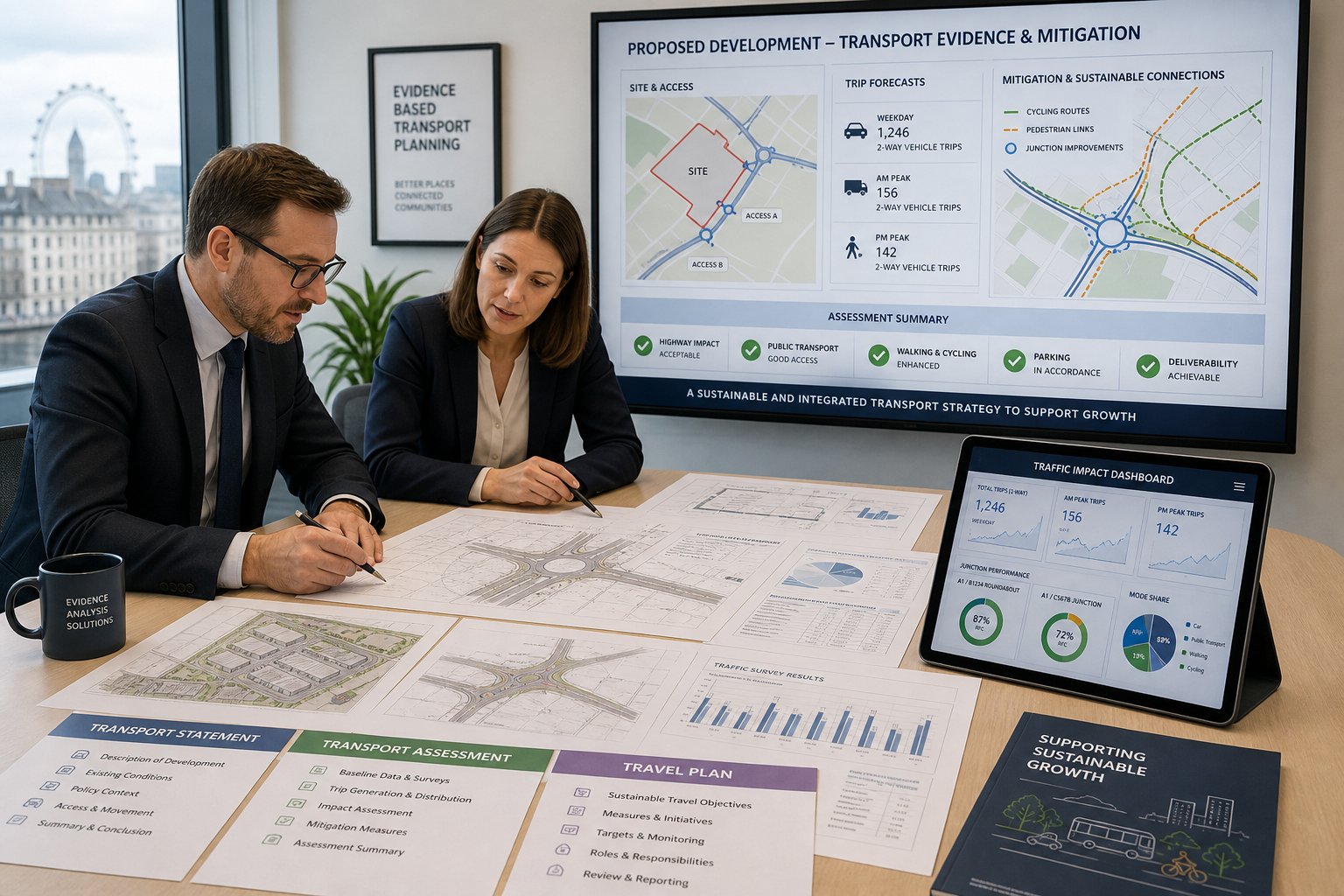 Transport consultants reviewing planning and traffic evidence in a modern UK office.