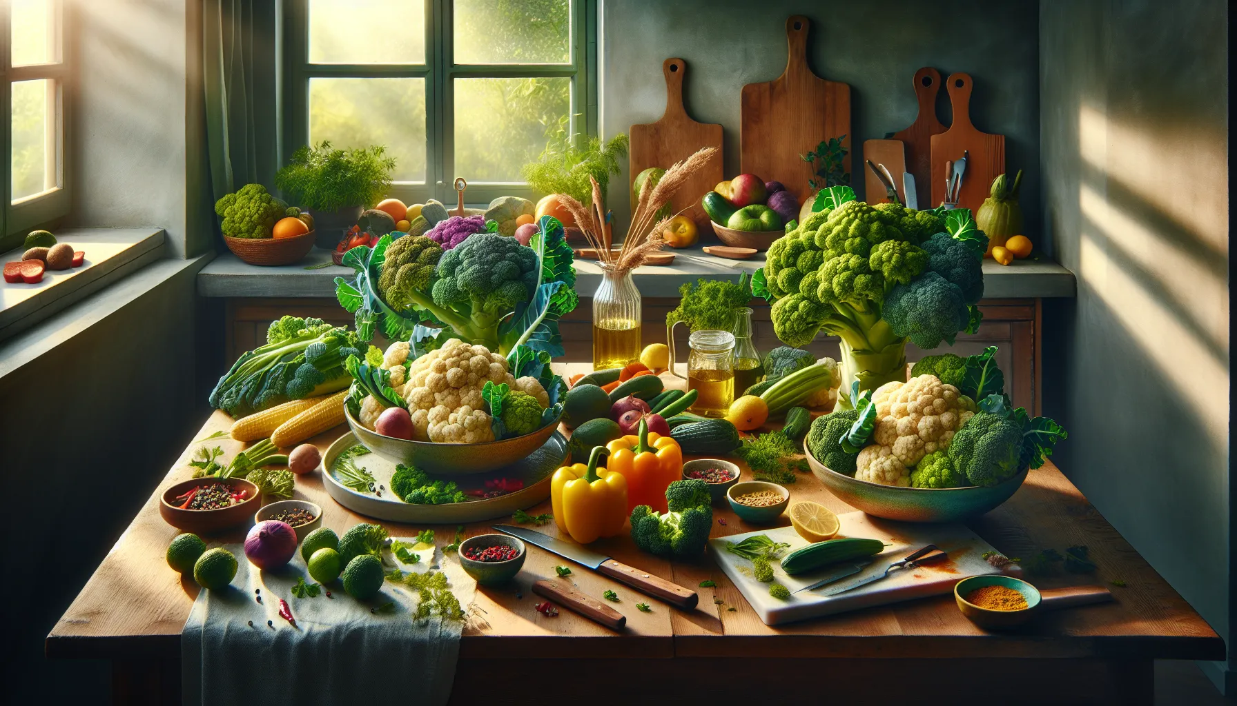 A table displaying fresh broccoli and cauliflower in a vibrant kitchen.
