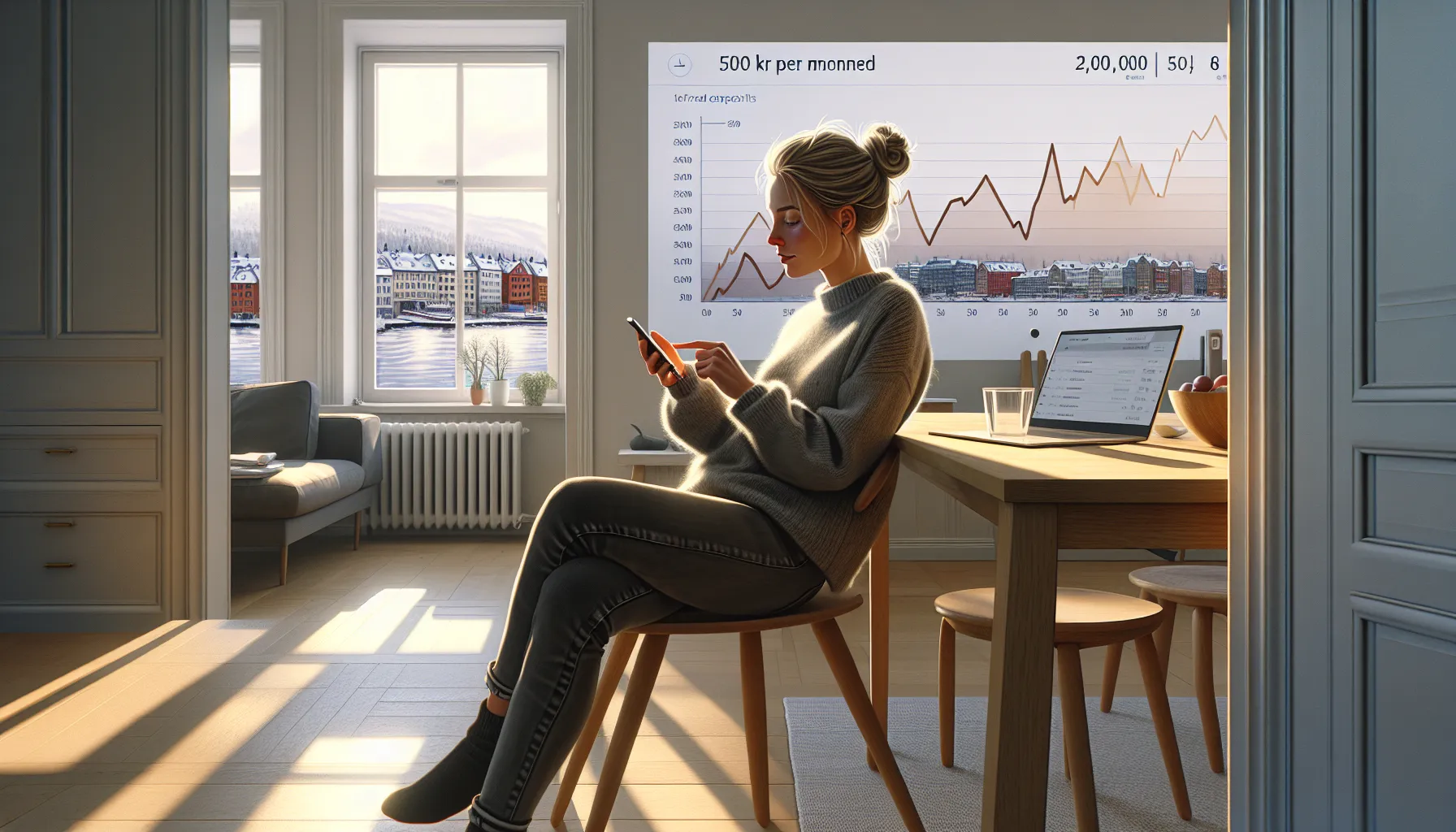 Slik kan du bruke små beløp til å nå store økonomiske mål 2 Norwegian woman checking a savings app showing small monthly deposits growing over time.