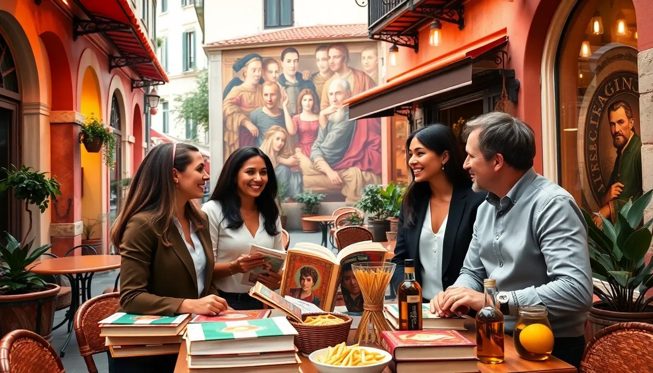 diverse professionals discussing Italian culture in an urban cafe.