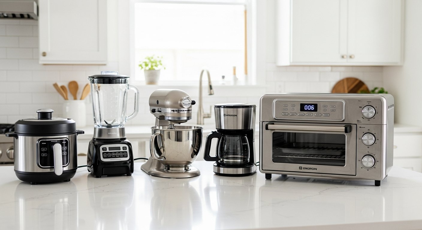 Modern kitchen countertop with popular everyday appliances neatly displayed.